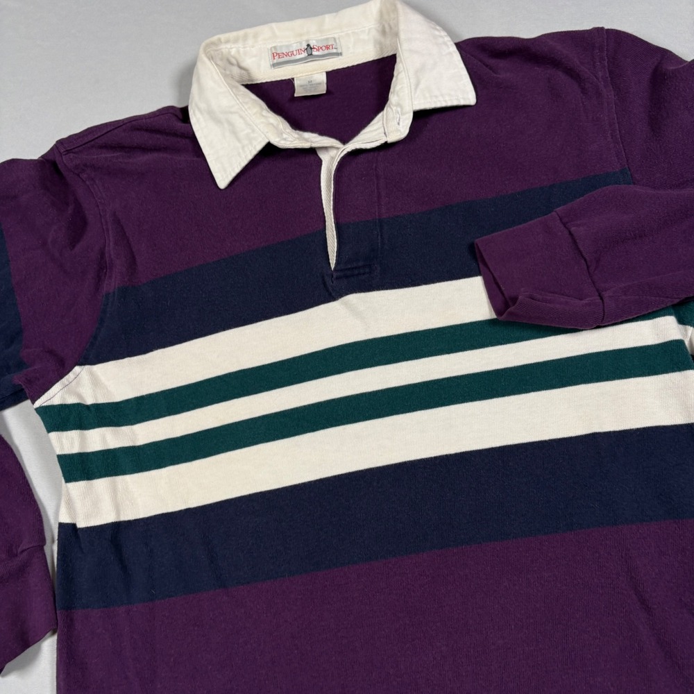 Penguin Sport Rugby Shirt Mens M Purple Striped Long Sleeve Cotton EUC